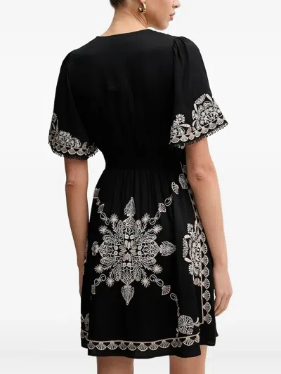 Hale Bob Floral-embroidered V-neck Mini Dress In Black
