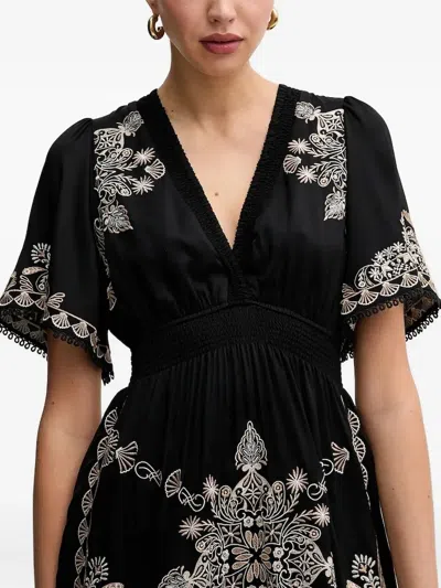 Hale Bob Floral-embroidered V-neck Mini Dress In Black