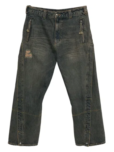 旋褶拉链口袋牛仔裤