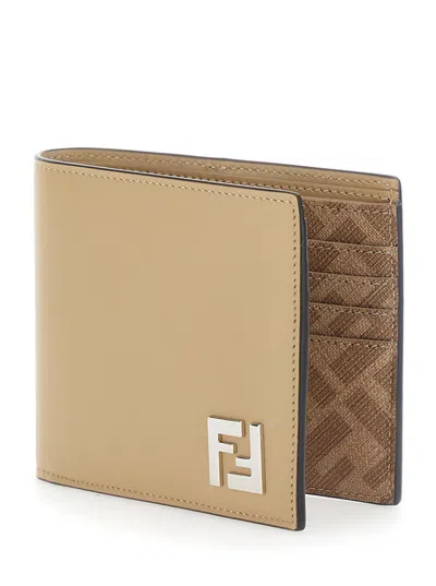 Fendi Beige Ff Canvas And Leather Compact Bi-fold Wallet In Brown