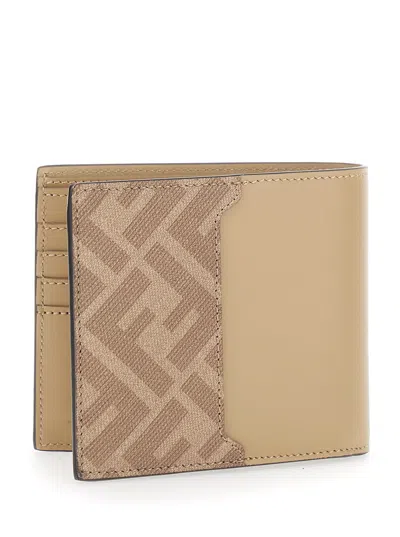 Fendi Beige Ff Canvas And Leather Compact Bi-fold Wallet In Brown
