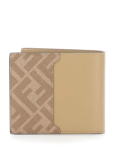 Fendi Beige Ff Canvas And Leather Compact Bi-fold Wallet In Brown