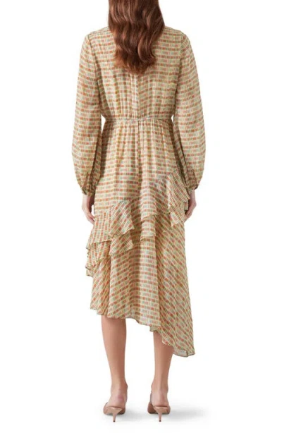 Lk Bennett Bea Print Ruffle Asymmetric Long Sleeve Silk Midi Dress In Pink