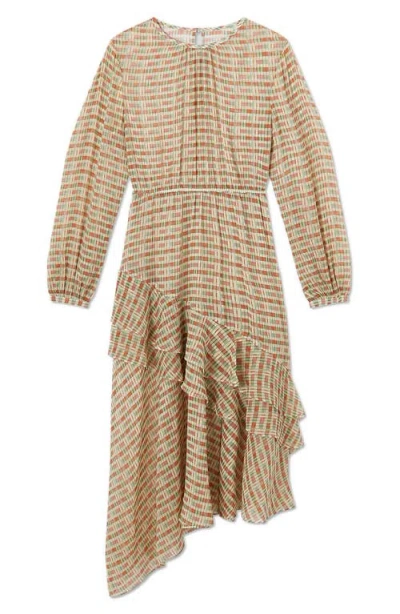 Lk Bennett Bea Print Ruffle Asymmetric Long Sleeve Silk Midi Dress In Pink