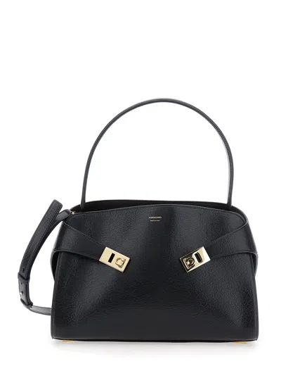 Ferragamo Hug Black Shoulder Bag With Logo Print On The Front In Leather Woman In Multi