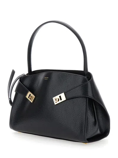 Ferragamo Hug Black Shoulder Bag With Logo Print On The Front In Leather Woman In Multi