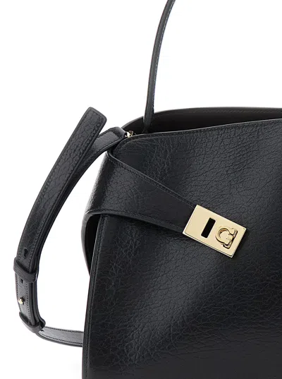 Ferragamo Hug Black Shoulder Bag With Logo Print On The Front In Leather Woman In Multi