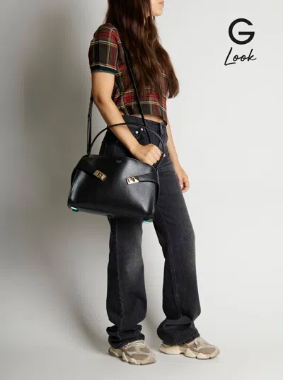 Ferragamo Hug Black Shoulder Bag With Logo Print On The Front In Leather Woman In Multi