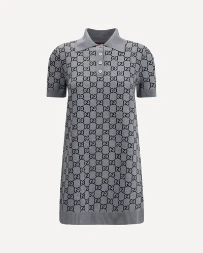 Gucci Grey Dress With Wide Collar And All-over Gg Motif In Wool Woman In Multi