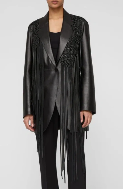 Lafayette 148 Nappa Leather Macrame Fringe Fitted Blazer In Black