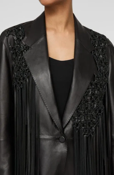 Lafayette 148 Nappa Leather Macrame Fringe Fitted Blazer In Black
