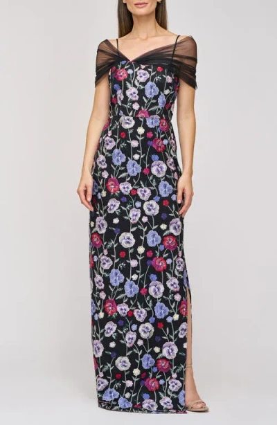 Js Collections Stormi Floral Embroidery Mesh Sleeve Gown In Black