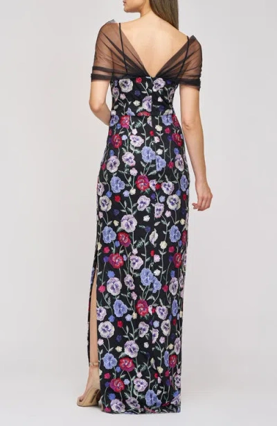 Js Collections Stormi Floral Embroidery Mesh Sleeve Gown In Black