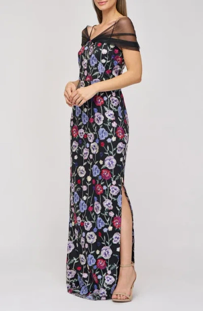 Js Collections Stormi Floral Embroidery Mesh Sleeve Gown In Black