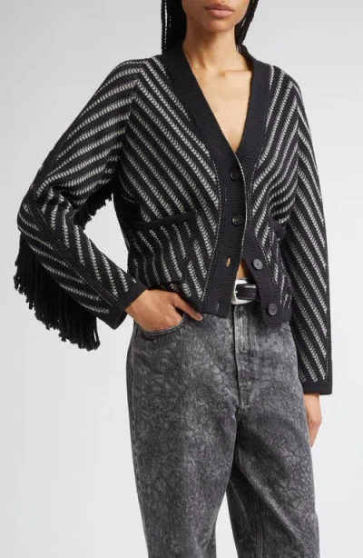 Golden Goose Journey W's Olidia Knit Cardigan Fringe Wool Herringbone Jacquard Knitwear Black In Black