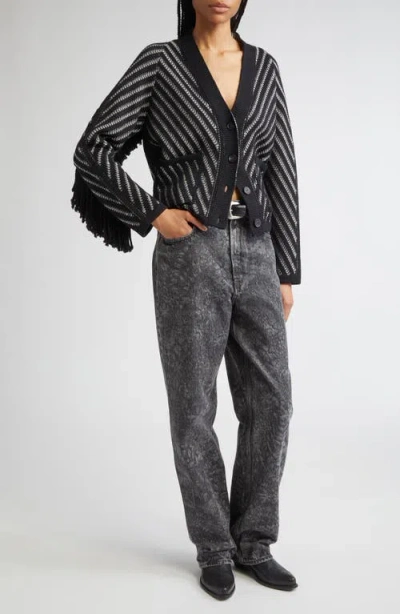 Golden Goose Journey W's Olidia Knit Cardigan Fringe Wool Herringbone Jacquard Knitwear Black In Black