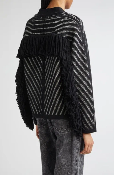Golden Goose Journey W's Olidia Knit Cardigan Fringe Wool Herringbone Jacquard Knitwear Black In Black