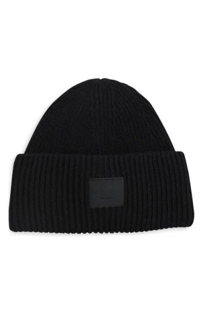 Acne Studios Pansy Face Patch Rib Wool Beanie In Black
