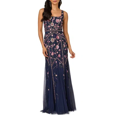 Adrianna Papell Women's Beaded Godet Square Neck Dress In Blue