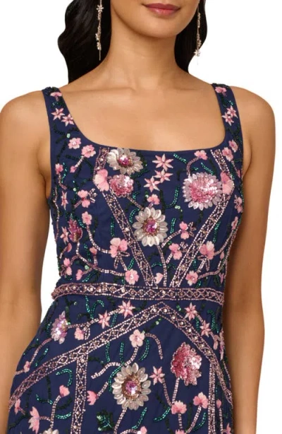 Adrianna Papell Women's Beaded Godet Square Neck Dress In Blue