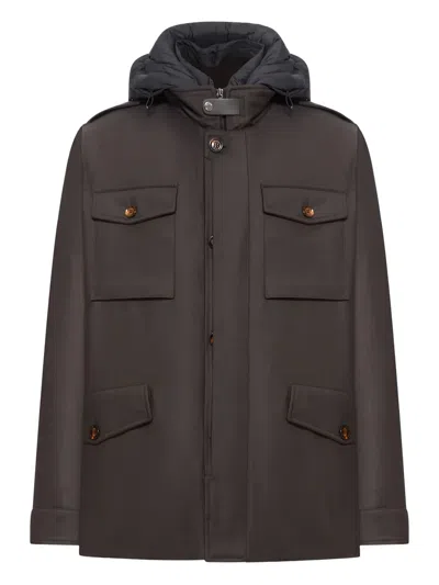 Moorer Isac Hooded Wool Field Jacket In Brown