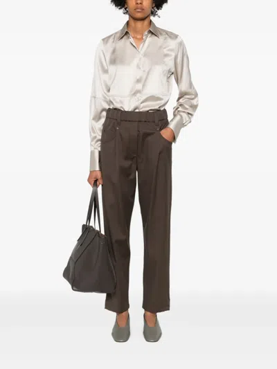 Brunello Cucinelli Baggy Pull-on Trousers In Stretch Cotton Cover With Shiny Bartack In Brown
