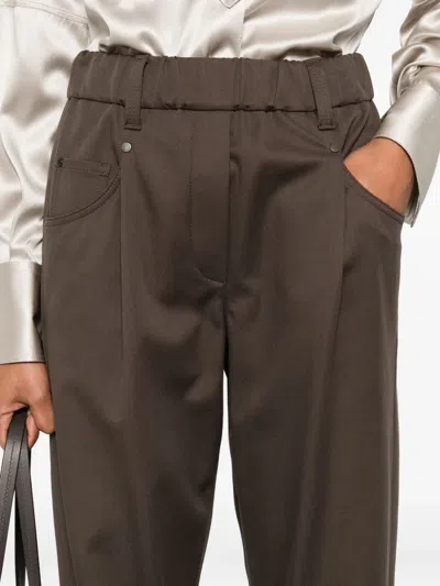 Brunello Cucinelli Baggy Pull-on Trousers In Stretch Cotton Cover With Shiny Bartack In Brown
