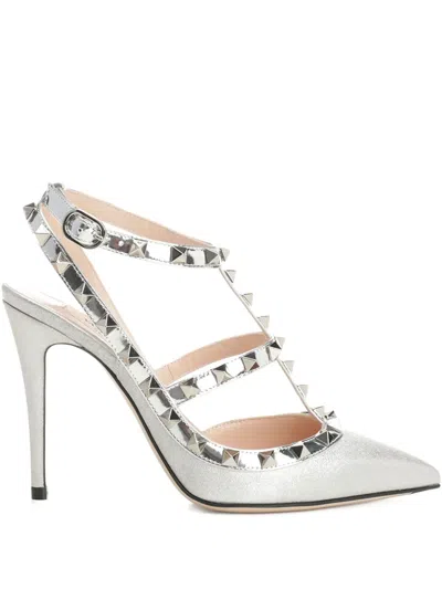 Valentino Garavani Rockstud Pumps In Glitter Fabric 100mm Woman Silver 41.5 In Gray