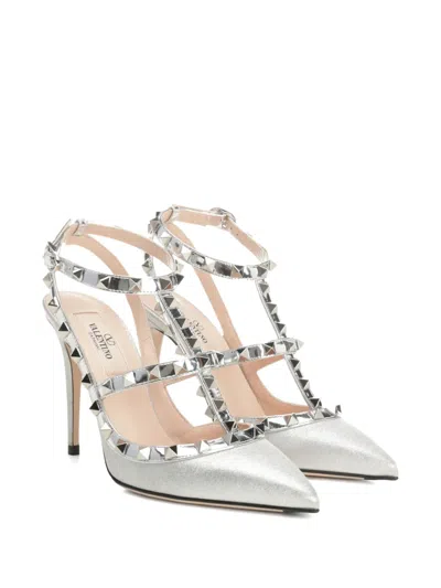 Valentino Garavani Rockstud Pumps In Glitter Fabric 100mm Woman Silver 41.5 In Gray