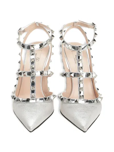 Valentino Garavani Rockstud Pumps In Glitter Fabric 100mm Woman Silver 41.5 In Gray