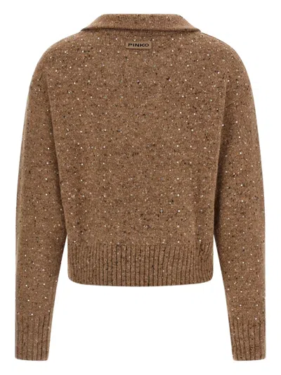 Pinko V-neck Lurex Knit Polo With Long Sleeves In Blue