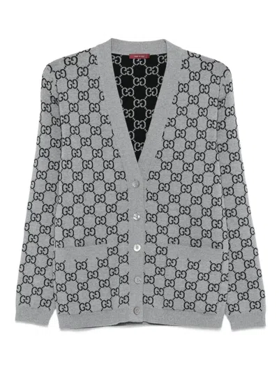 Gucci Wool Jacquard Cardigan With Gg Shadow In Grey