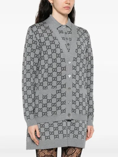 Gucci Wool Jacquard Cardigan With Gg Shadow In Grey
