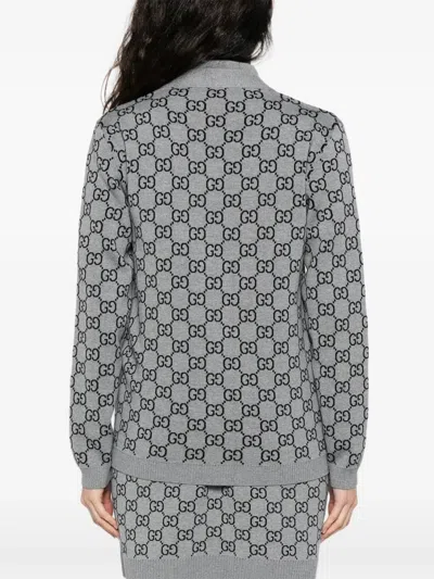 Gucci Wool Jacquard Cardigan With Gg Shadow In Grey
