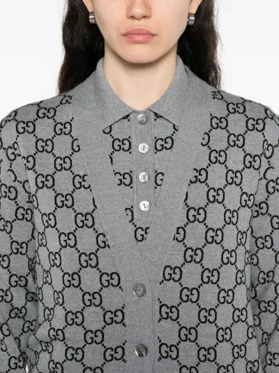 Gucci Wool Jacquard Cardigan With Gg Shadow In Grey