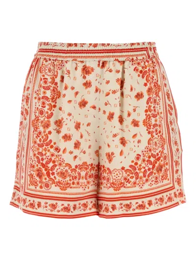 Fendi Silk Shorts With Floral Print And Pockets In Orange