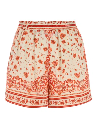 Fendi Silk Shorts With Floral Print And Pockets In Orange