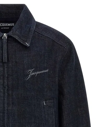 Jacquemus Dark Indigo Denim Jacket With Front Zipper And Logo In Blue