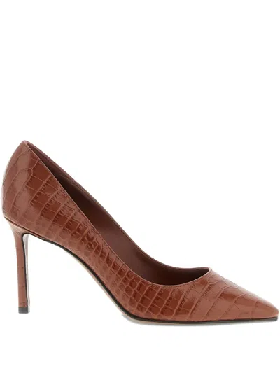 Jimmy Choo 85mm Romy Crocodile-effect Pointed-toe Pumps In Brown