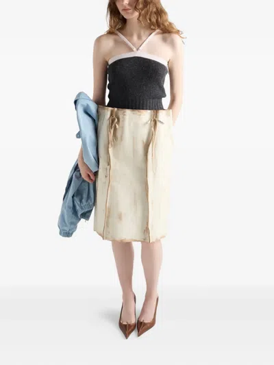 Prada Abstract Print Drawstring Waist Front Slit Skirt In Brown