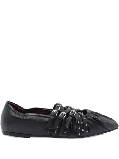 Ash Pointed Toe Leather Ballerina Shoes With Buckles And Studs In Black