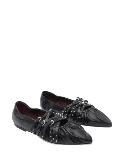 Ash Pointed Toe Leather Ballerina Shoes With Buckles And Studs In Black