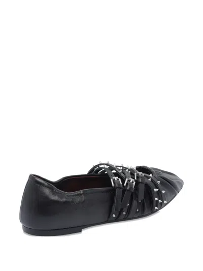 Ash Pointed Toe Leather Ballerina Shoes With Buckles And Studs In Black