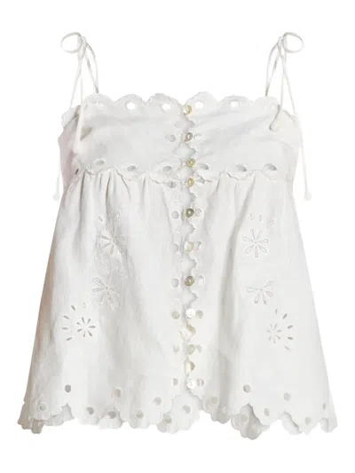 Farm Rio Off-white Flowers Richelieu Euroflax Premium Linen Blouse