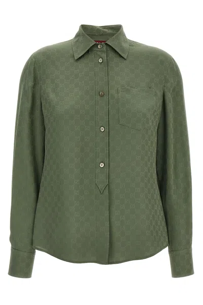 Gucci Monogram Pattern Long Sleeve Silk Top In Green