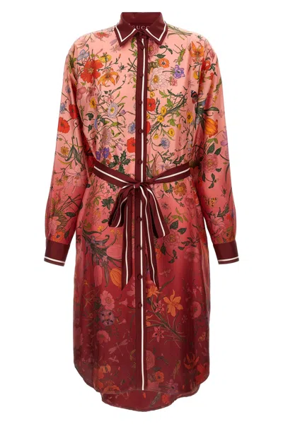 Gucci Bordeaux Gradient Dress With Removable Belt And All-over Flora Print In Silk Woman In Multi