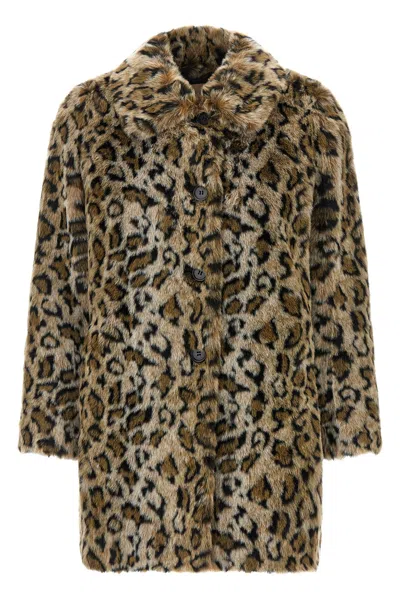Twinset Brown Coat With Notched Collar And All-over Leopard Motif In Ecofur Woman In Brown