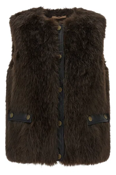 Twinset Twin-set Faux Fur Vest With Leather Back In Brown