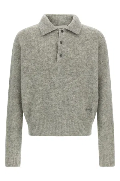 Ami Alexandre Mattiussi Light Grey Knit Sweater With Polo Collar And Three-button Placket In Gray