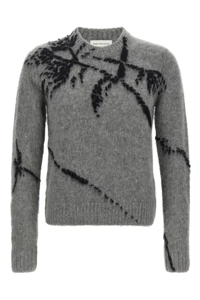 Dries Van Noten Mouche Embroidered Wool Sweater In Gray